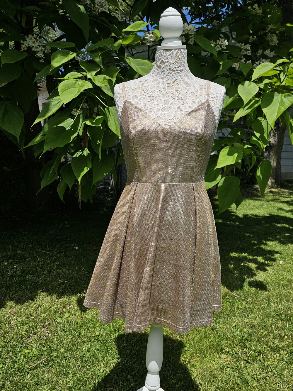 Shimmering Gold Fit-and-Flare Mini Dress with Spaghetti Straps